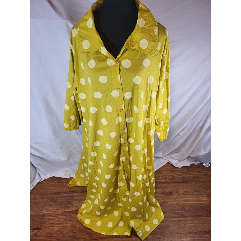 Aqrl Made In Italy Mustard Yellow Polka Dot Lagenlook Artsy Button Down Dress‎